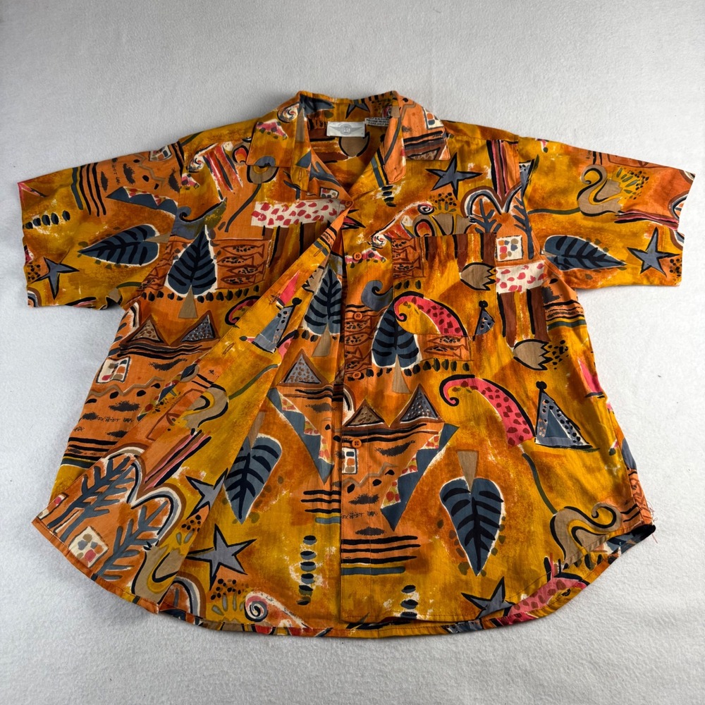 OSC Men's Abstract Geometric Print Cotton Short Sleeve Button Down Shirt Orange